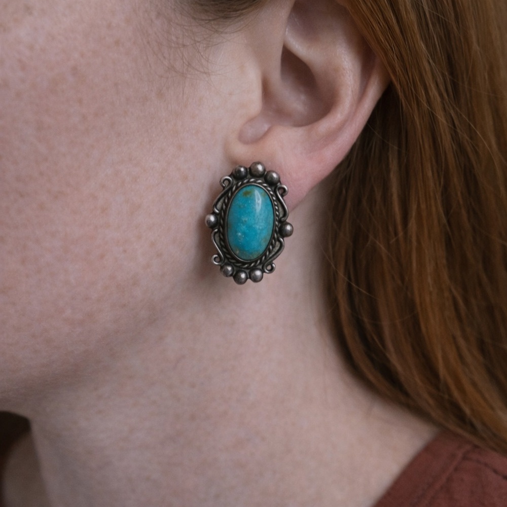 Vintage Turquoise and Silver Oval Earrings
